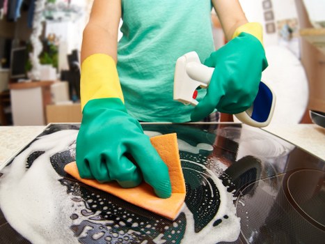 Cleaner inspecting carpet fibres during a service appointment